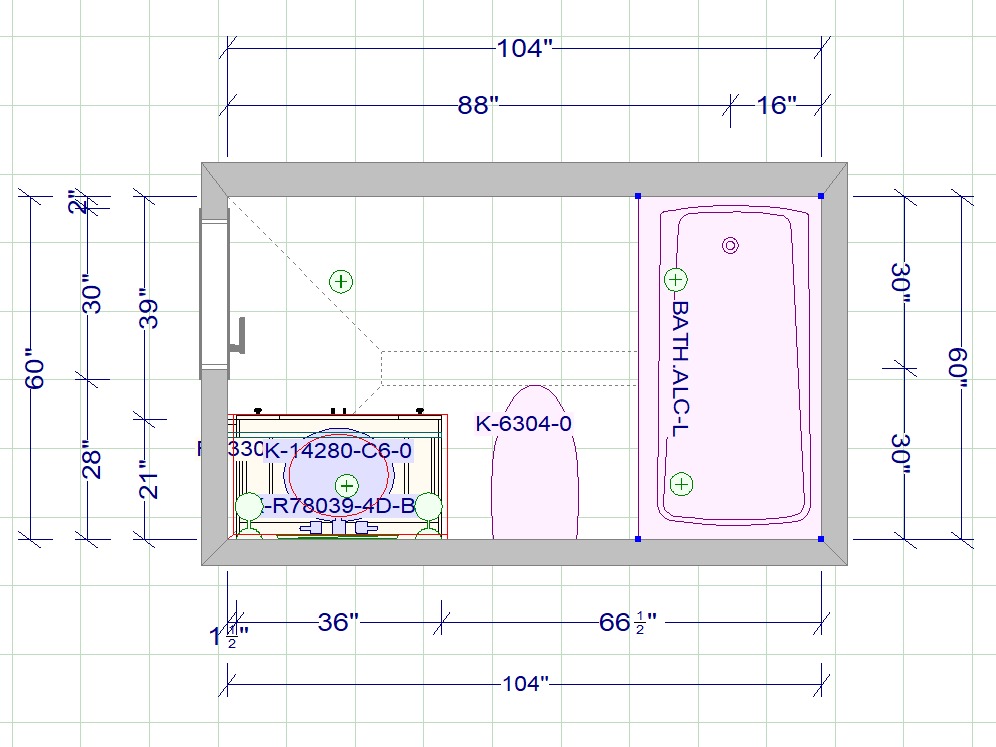 Bathroom floor plan with tub and vanity dimensions