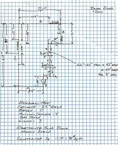 Hand-drawn kitchen sketch with measurements