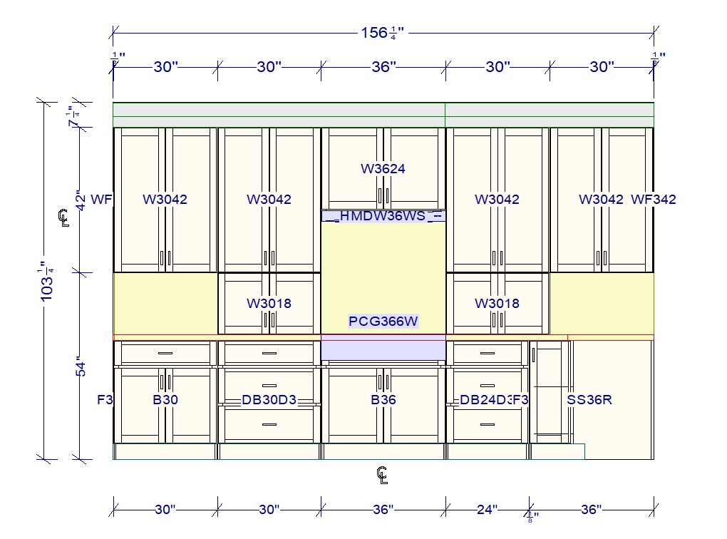 Kitchen wall elevation showing sink wall with cabinet specifications