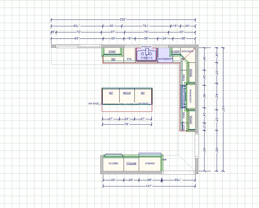 Large kitchen floor plan with detailed cabinet codes